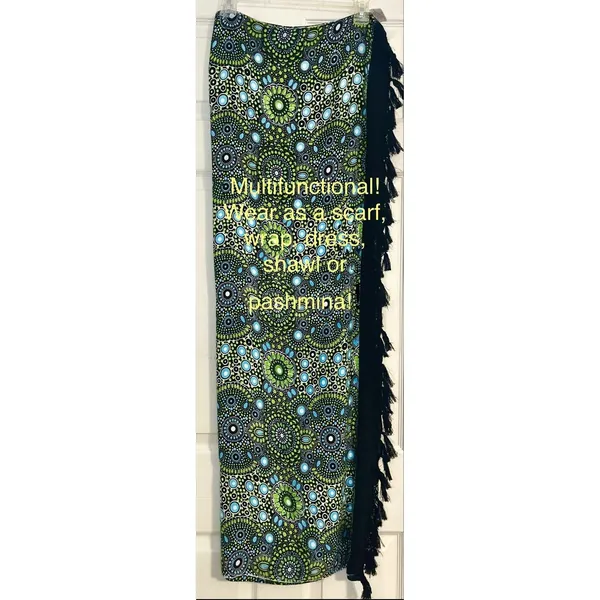 Wayan Natural Wear Sarong Cover Up Lime Green Blue Mandala Fringe Scarf Festival - Image 2