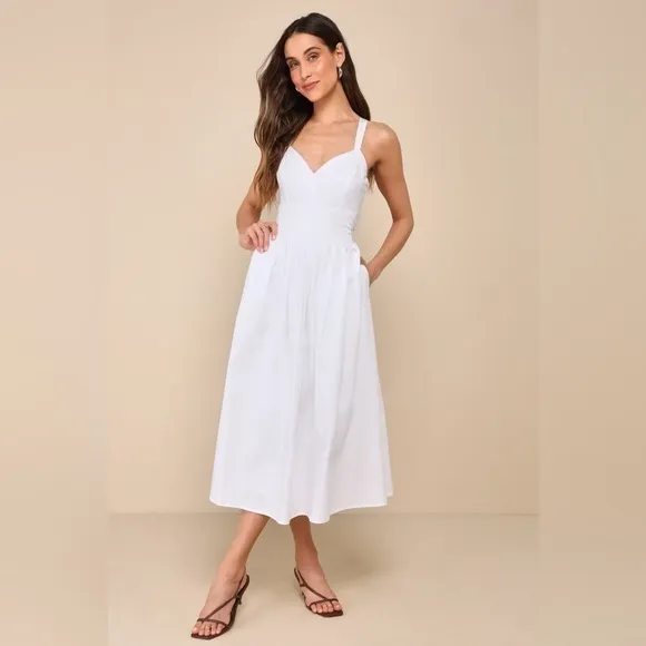 NEW Lulus Strolling Sicily White Pleated Backless Midi Dress With Pockets Sz XL - Image 8