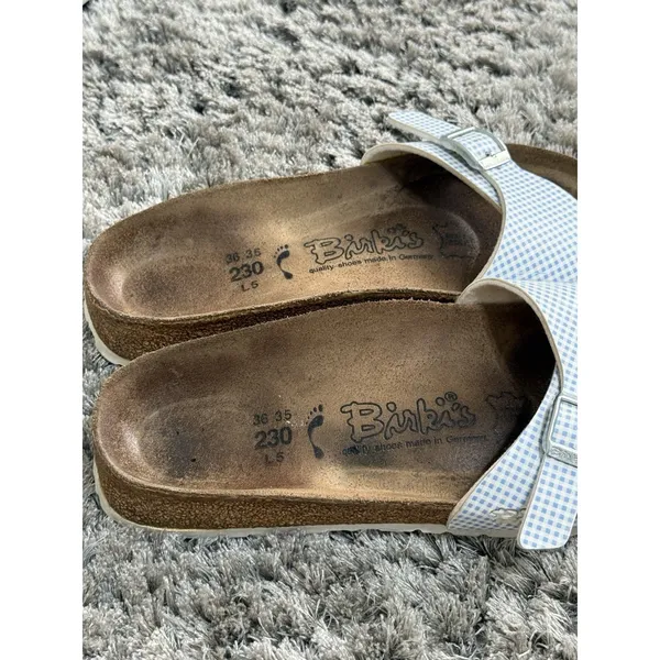 Birkis Birkenstock Sandals Womens 36 US 5 Madrid Blue Gingham Plaid Slide - Image 5