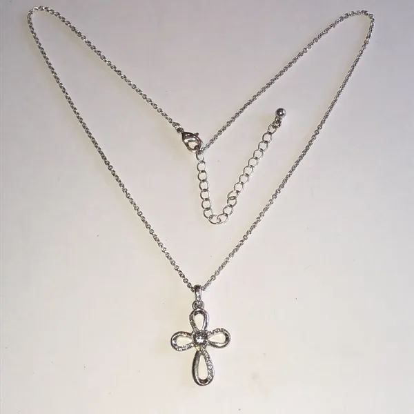 Silver Tone Flower Cross Rhinestone Pendant Necklace - Image 2