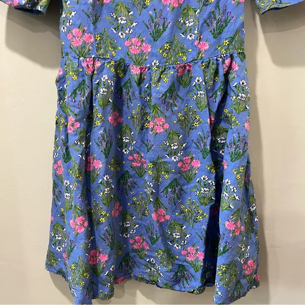 LOFT Women’s 2 Floral Babydoll Dress Blue Linen Blend Scoop‎ Neck Puff Sleeve - Image 5