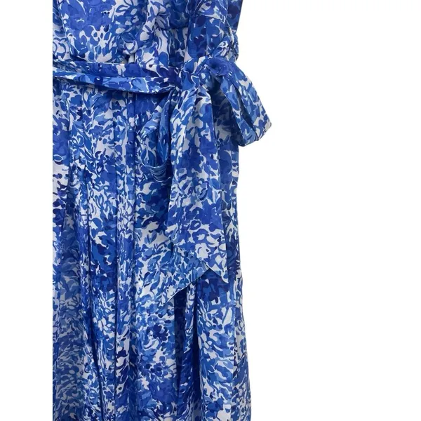 Lauren Ralph Lauren Blue Floral Sheer Lined Tie Waist Pleated Sleeveless Dress 2 - Image 3