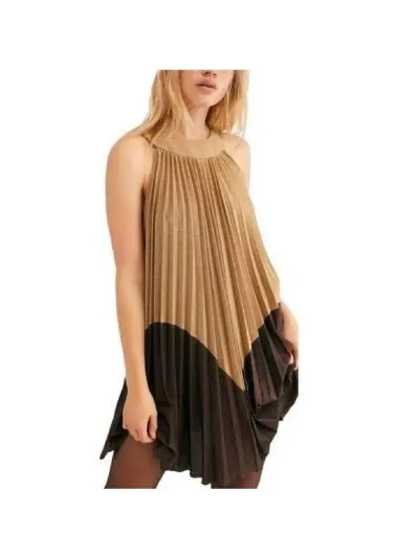 Free People Pleated Love Metallic Mini Dress Gold Brown Large‎ NWT - Image 9