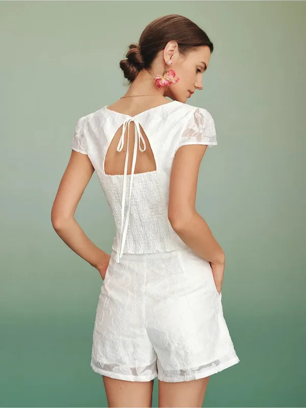 Rihoas White Square Neck Jacquard Blouse Size L - Image 3