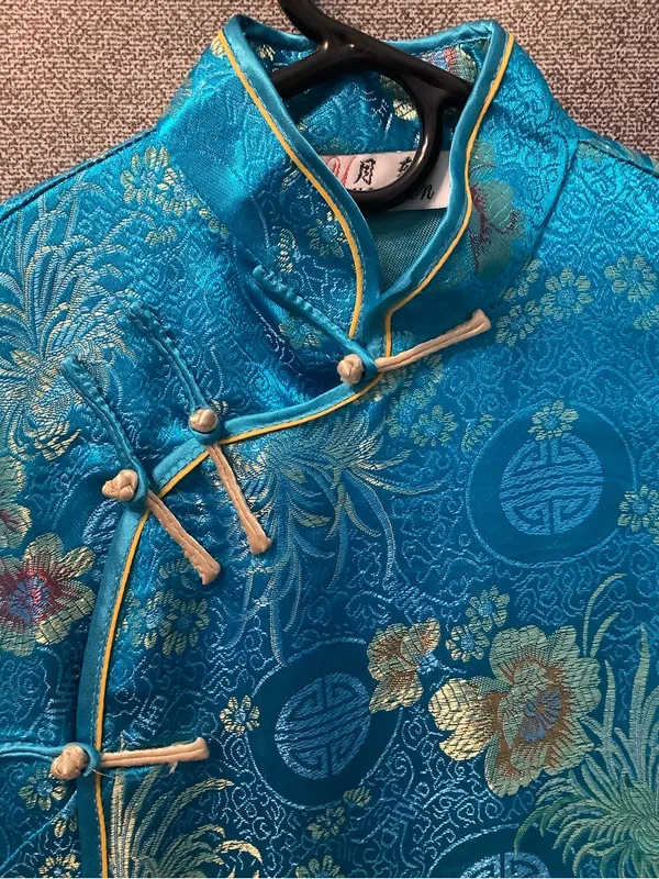 Yuexuan Qipao Dress Shanghai Style Blue Gold Floral Satin Mandarin Collar Y2K - Image 13