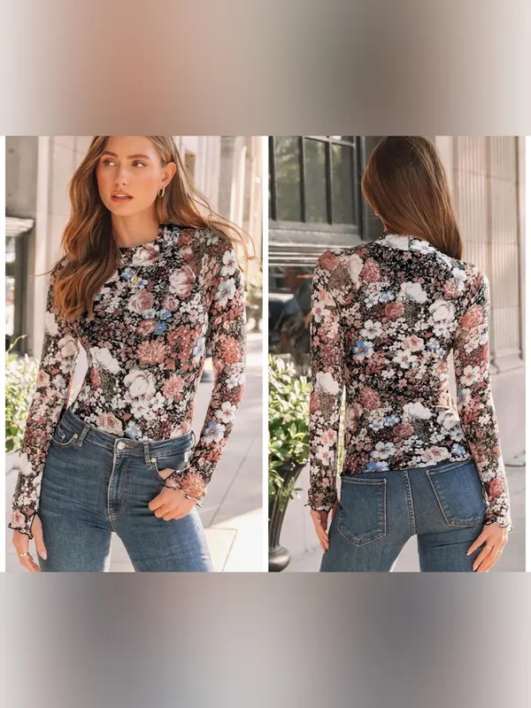 NWOT DeaLmore Semi-sheer Floral Mock Neck Long Sleeve Layering Blouse Medium - Image 2