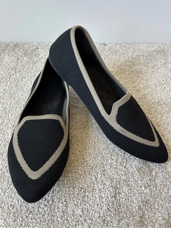 Birdies Blackbird Black Tan Slide On Flats Knit Comfort Preppy Pointed Toe - Image 2