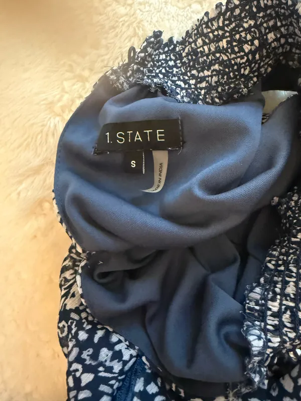 Navy Blue and White Print Dress, 1State, Ruffles Skirt Bottom - Image 3