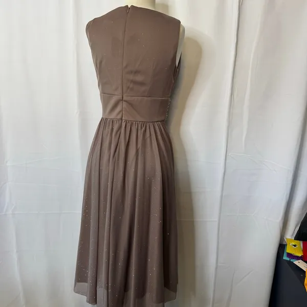 Jessica Howard Glitter Mesh Beaded Waist Midi Cocktail Dress Taupe Size 6 - Image 4