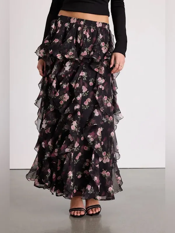 Lulu’s Carion Black Floral Ruffled Maxi Skirt - Image 3