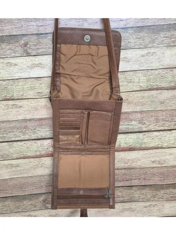 Brown Genuine Leather Crossbody Organizer Purse Bag TEXAS Star Adjustable Strap - Image 8