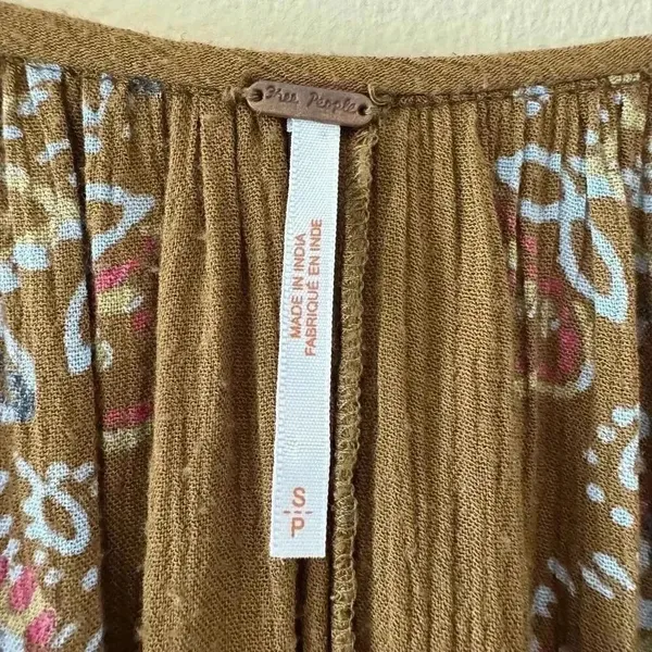 Free People Brown green hippie babydoll peasant dress balloon sleeves S #1993 - Image 8