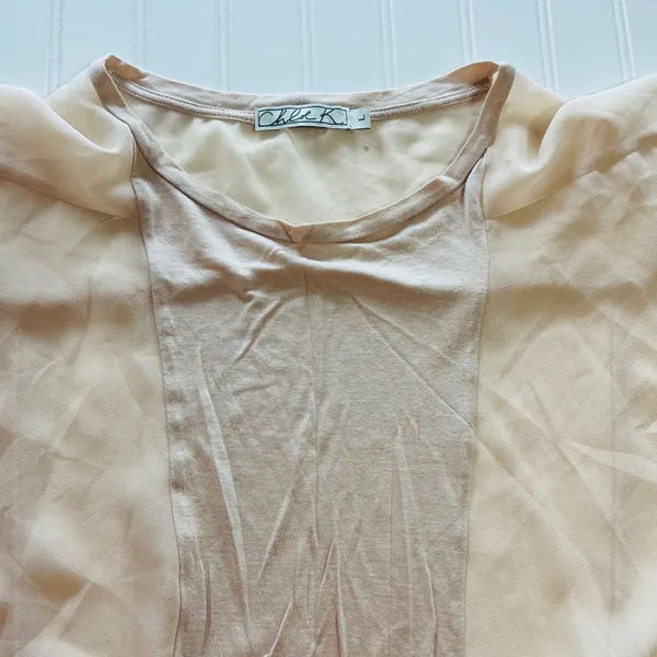 Chloe‎ K Womens Mixed Media High Low Top Beige Tan Dolman Short Sleeve Large - Image 5