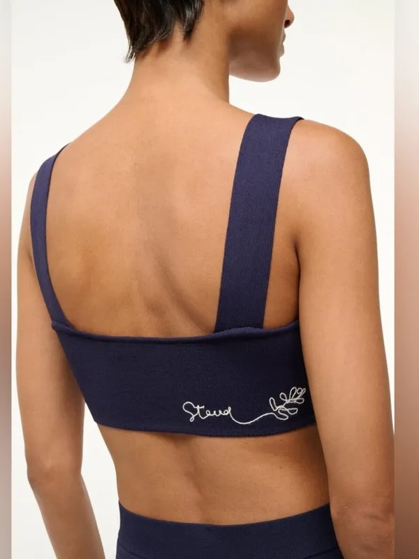 Staud Zola Knit Crop Top Navy Blue & White Embroidered Logo Size Small - Image 2