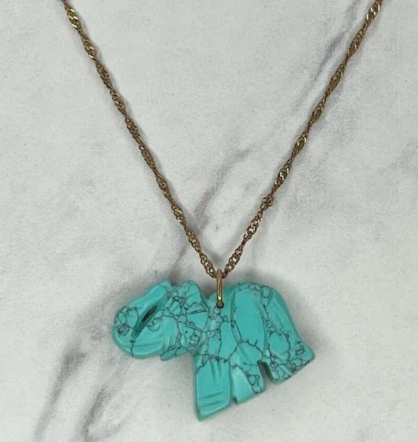 Gold Tone Faux Turquoise Trunk Up Good Luck Elephant Pendant Necklace - Image 2