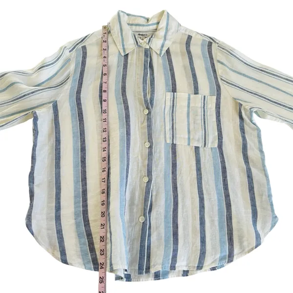 Madewell Linen Easy Y-Neck Button Up Shirt in Blue Mixed Stripe Women’s Small - Image 5