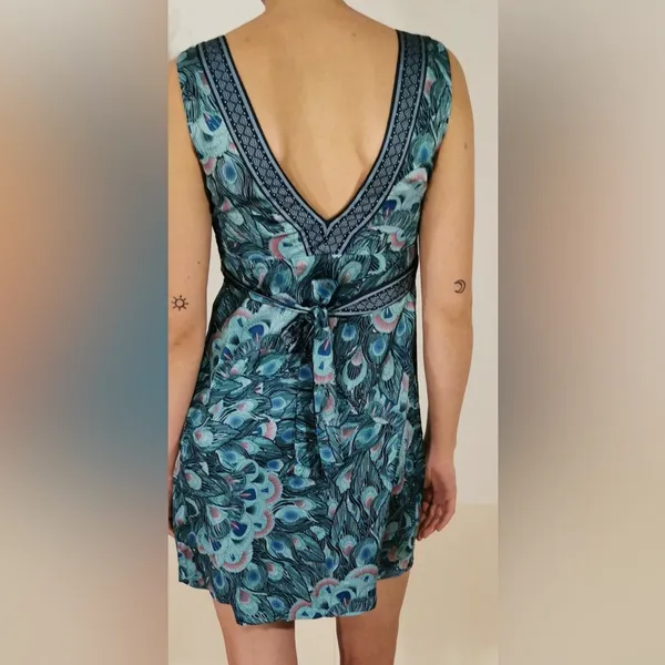 H&M Blue and Purple Peacock Print Deep V Belted Sleeveless Mini Dress - Image 3