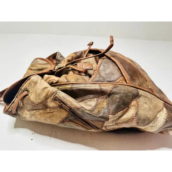 Vintage 1980s/90s Brown Leather Patchwork Clip Front Drawstring Backpack Bag - Image 2