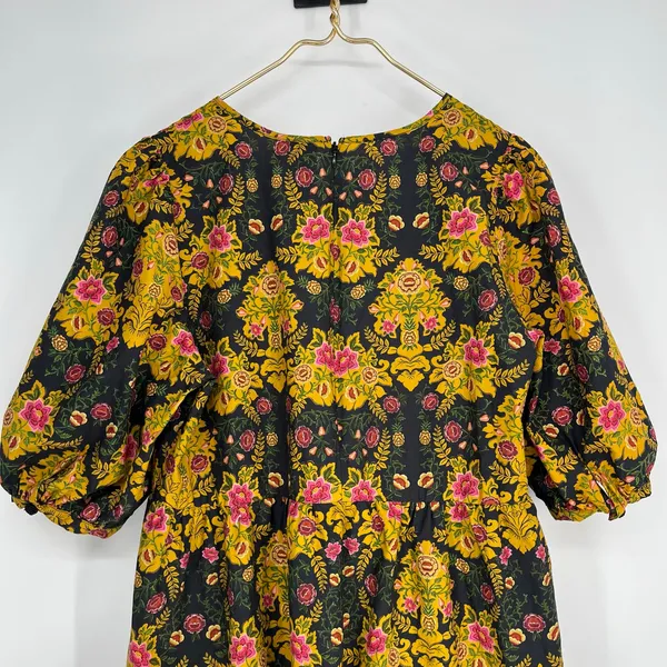 Farm Rio Arabesque Floral Mini Dress Puff Sleeve Tiered Black Yellow Large - Image 11