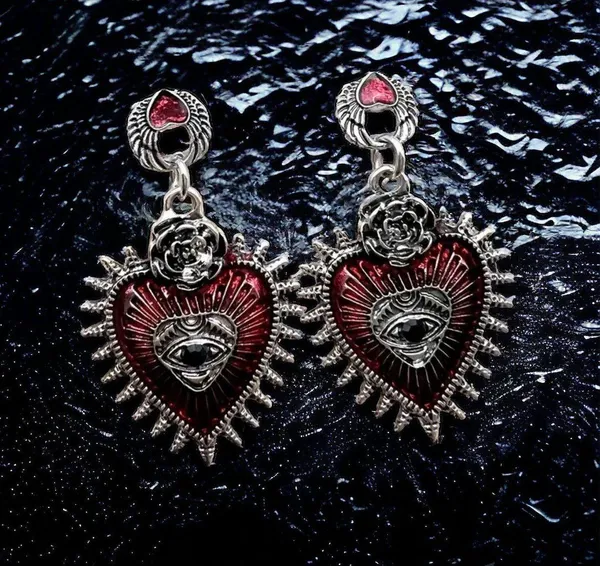Gothic Punk Love Blood Silver/Red Color Eye Rose Dangle Alloy Drop Earrings - Image 4