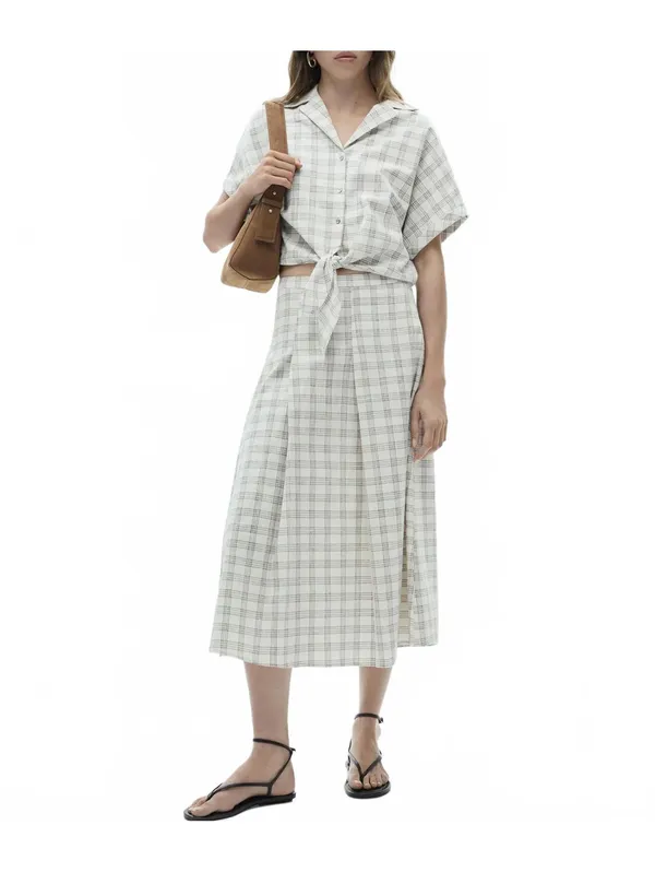 Mango Gingham Check Flared Skirt Ecru Beige Tan NWT Small - Image 2