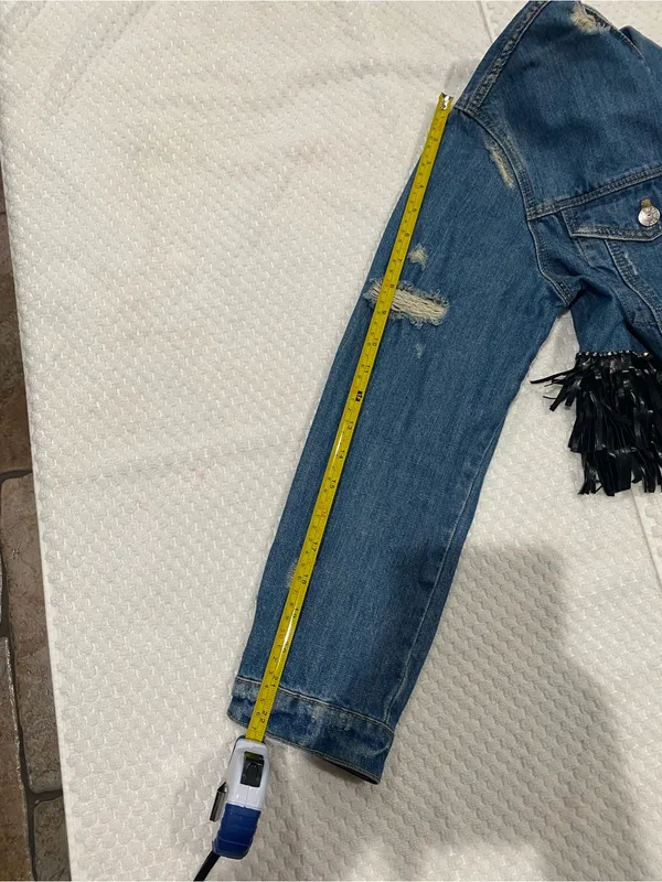 Zara Light Blue Distressed Denim Jacket with Black Fringe Detail - Image 8