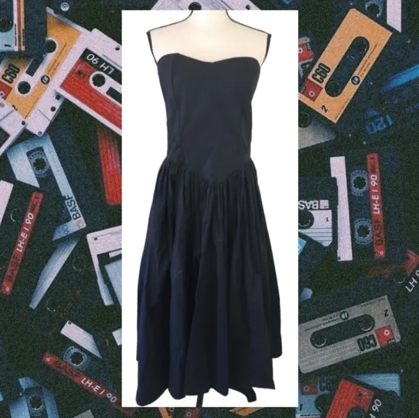 Vintage 80s Illustrations Black Strapless Sweetheart Basque Waist Midi Dress - Image 3