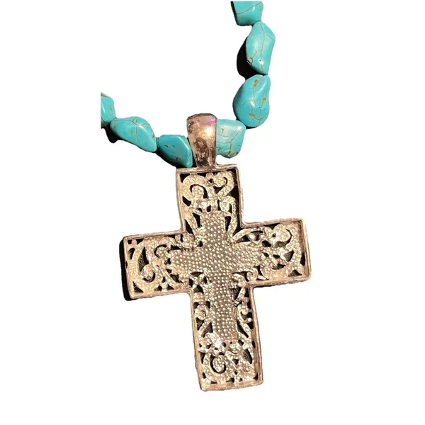 Necklace Matching Earrings Turquoise Beads Silver Cross Jewelry Set Boho Western - Image 5