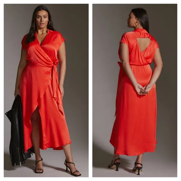 Anthropologie Maeve Open-Back Satin Wrap Midi Dress Orange Small Resort Wear - Image 17