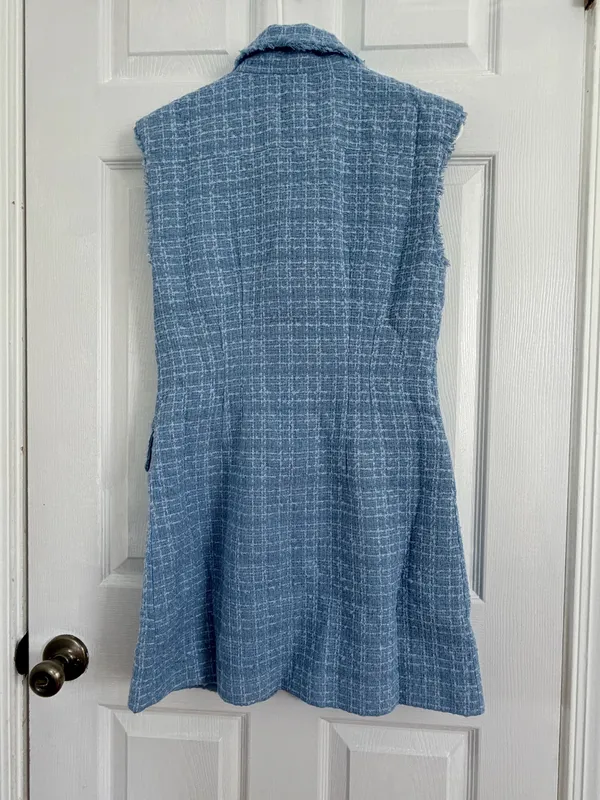 Maeve Anthropologie Blue Tweed Sleeveless Blazer Mini Dress Preppy Mod Quiet Luxury Size 6 - Image 3