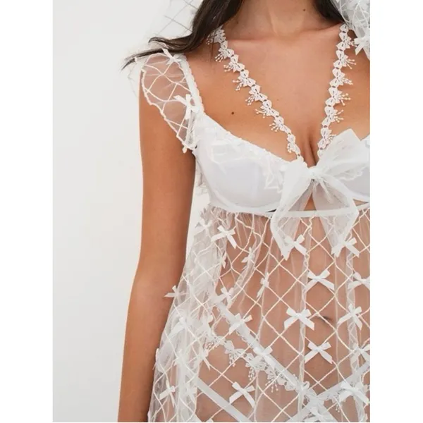 NWT FOR LOVE & LEMONS Fiorella White Bow Sheer Slip Dress Bridal Romantic Sz M - Image 2