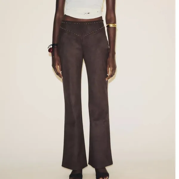 Zara NWT brown studded faux suede embellished pants - Image 2