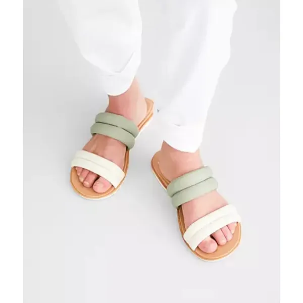 Sorel Ella II Puff Slide Sandals Sage Green Chalk Leather Comfort Coastal Chic - Image 2