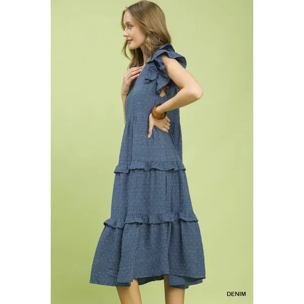 Umgee‎ Textured Ruffle Sleeve Tiered Midi Dress - Denim - Small - Image 2