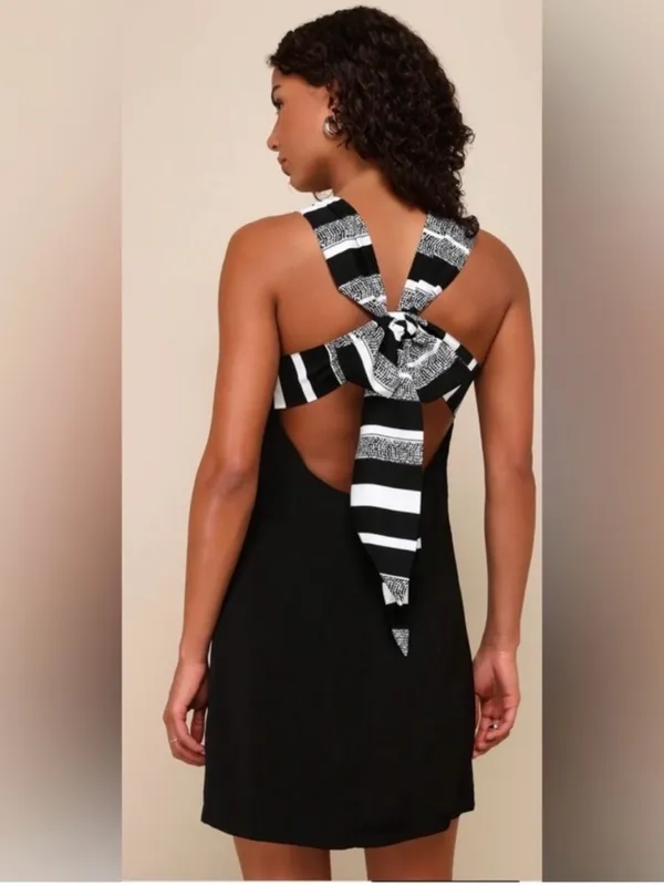 Lulu's Black and White Striped Bow Dress - Image 2