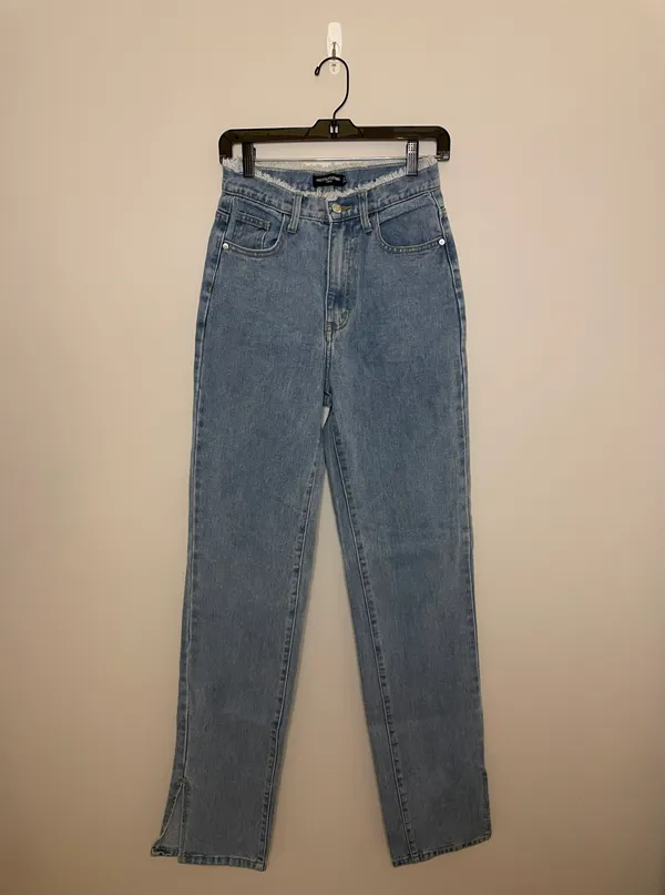 PrettyLittleThing Ripped Waistband High Waist Split Hem Jeans, Size 2 Tall, NWOT - Image 8