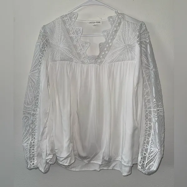 Bohme Cactus+Pearl Lacey Eyelet Western Boho Steampunk White Blouse size small - Image 3