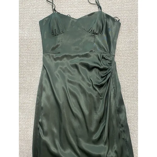 ZARA Green Satin Ruched Sweetheart Slip Midi Dress Spaghetti Strap Size S - Image 14