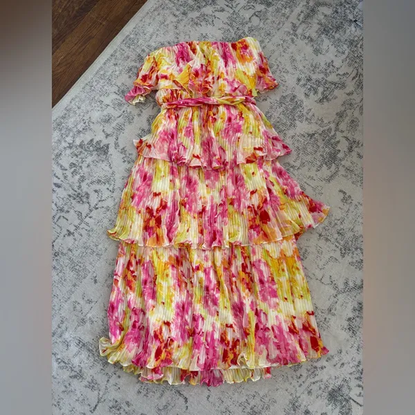 Lulus Nessa Yellow and Pink Abstract Plisse Tiered Midi Dress size XL NWT Beach - Image 4
