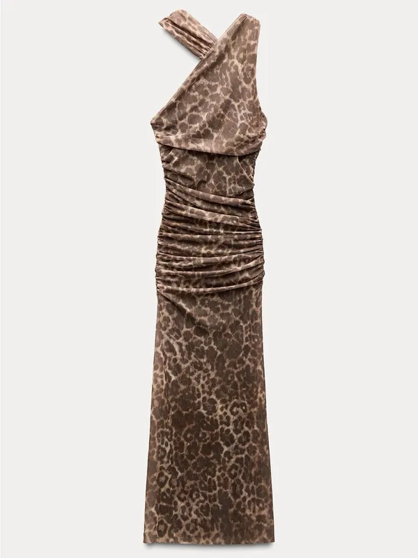 Zara One-Shoulder Leopard Print Maxi Dress - Brown - Image 7