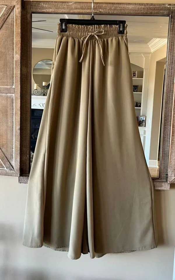High Waist Wide Leg Palazzo Culottes Loose Pants Womens Small Olive Green Tan - Image 4