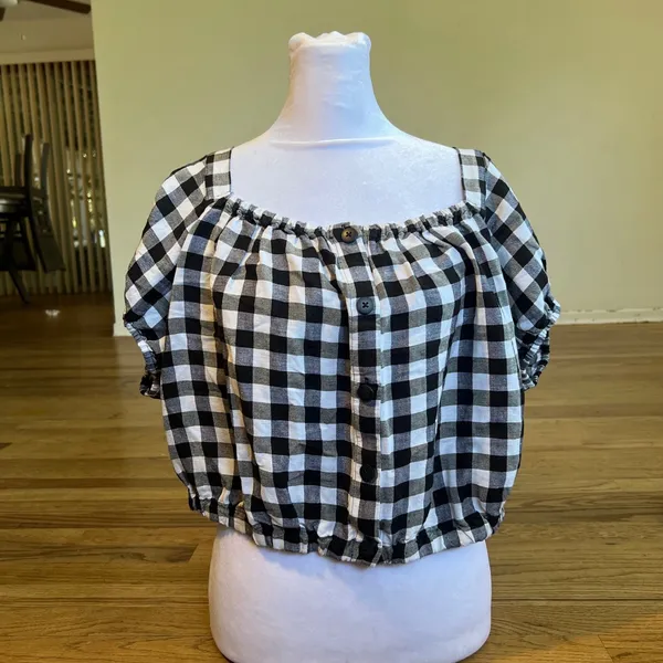 Madewell Puff Sleeve Button Front Crop Top Gingham Linen‎ Blend Black White XL - Image 2