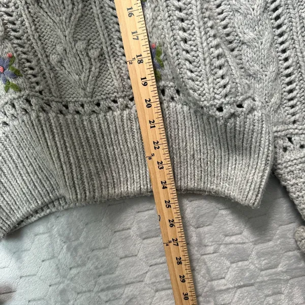 Zara Grey Knit Sweater Floral Embroidered Ruffle Collar S Twee Cottagecore Boho - Image 7