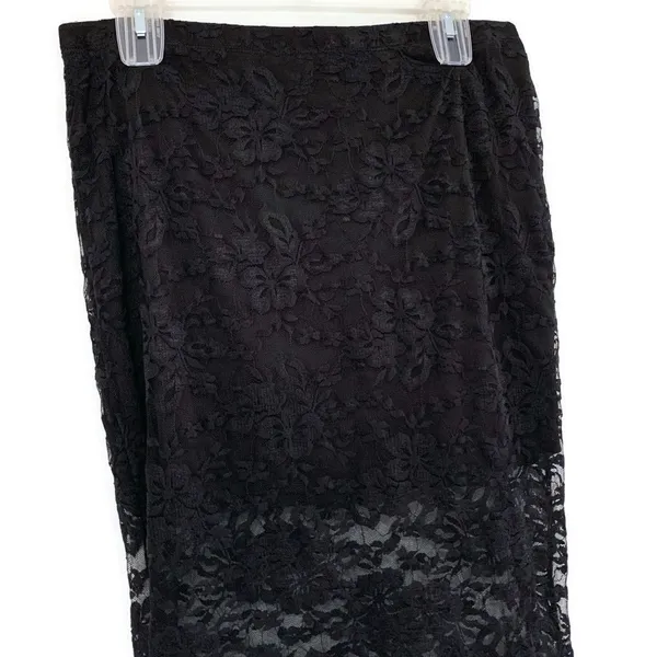 Black Floral Lace Pencil Midi Skirt XL Sheer Stretch Lined - Image 3