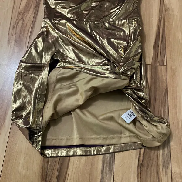 REVOLVE Superdown Gold Shimmer Mini Dress Cocktail Size XS Cowl Knot Hem Lined - Image 6