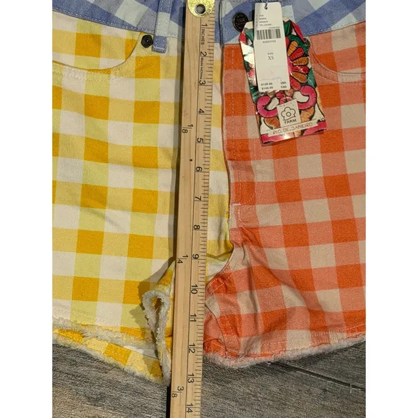 Farm Rio Anthropologie Gingham Colorblock Denim Shorts Yellow Orange Blue XS NWT - Image 7