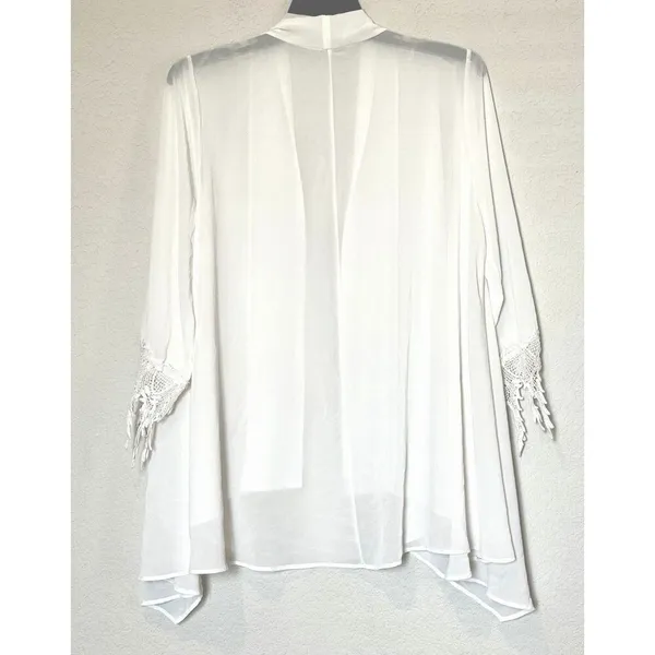 Anthropologie Ivory Sheer Kimono Cardigan Size L Crochet Lace Sleeve Fringe Boho - Image 3
