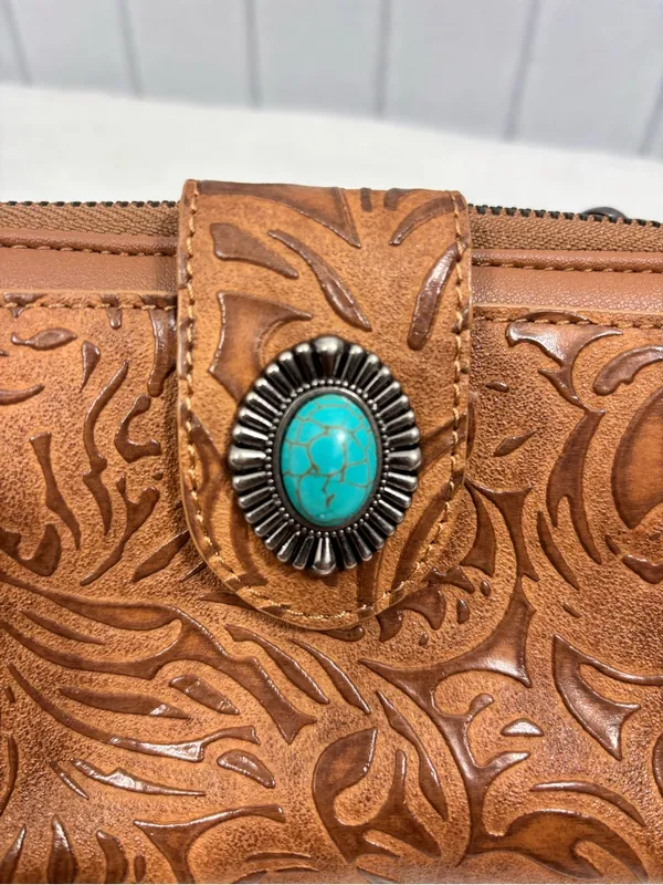 LAVAWA Tooled Brown Leather Crossbody Wallet with Turquoise Accent - Image 6
