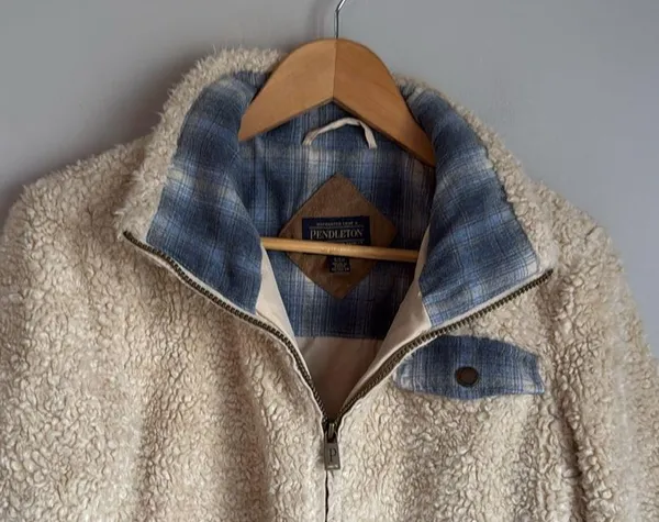 Pendleton Sherpa Jacket Ivory Blue Flannel Fuzzy Gorpcore Nature Small - Image 4