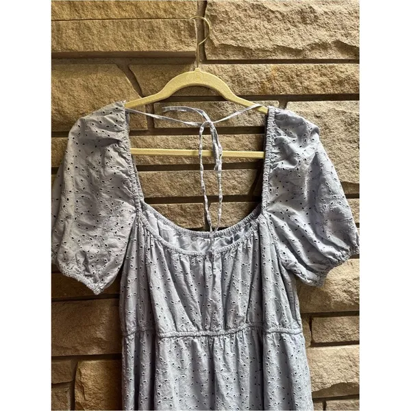 & 0ther Stories Puff Sleeve Light blue Organic Cotton Eyelet Dress 12 - Image 5